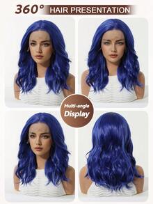 16-Inch Long Dark Blue Hair With Soft Waves Layered Wig Synthetic Natural Looking Wigs Lace Front Wigs 13*4 Hand Woven Lace Chemical Fiber Hair Daily Daily Imported Silk Party Wedding Music Festival Halloween Gift - Multicolor - View 8