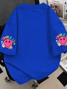 字母和人脸印花休闲大码圆领短袖T恤，适合夏季度假、母亲节礼物、日常穿着、外出、节日、海滩、派对、生日、聚会、学校、音乐节、假期、通勤、健身、春季上衣、女士夏季服装、女士度假服装、海滩服装、度假服装 - 藍色 - 查看 2