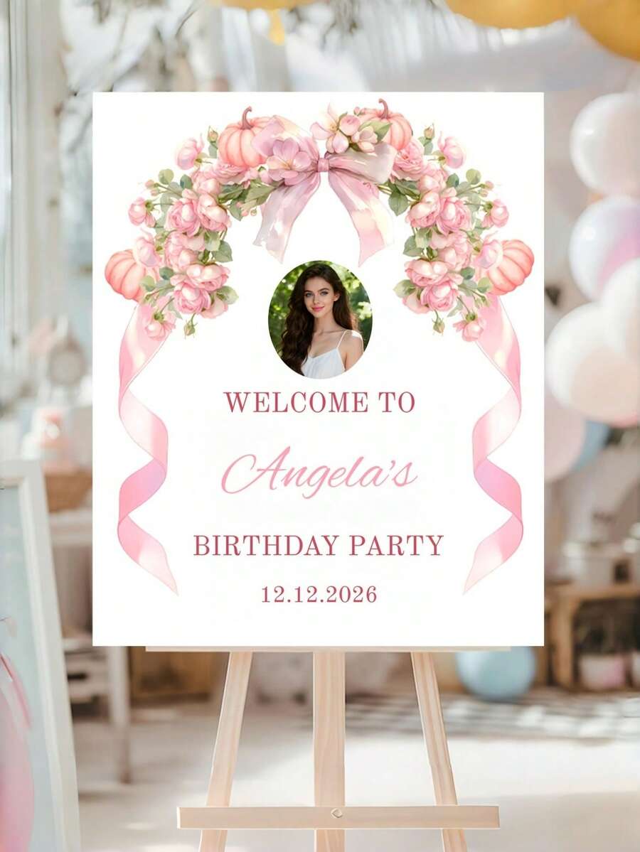 Póster de bienvenida floral personalizable, se puede agregar texto y fotos personalizados, tamaño grande adecuado para bodas, cumpleaños y otras ocasiones - Multicolor - Ver 1