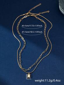 Unique Round Snake Bone Chain And Square Paperclip Chain Set, With Sparkling Cubic Zirconia Pendant Necklace - Yellow Gold - View 2
