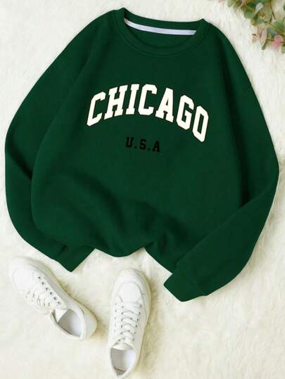 Mujer004 Sudadera de cuello redondo para mujer invierno sudadera de manga larga cómoda suave Sudadera con el nombre de "CHICAGO U.S.A" para un estilo urbano atractivo y cómodo