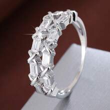 时尚几何交叉双排设计立方氧化锆女士戒指，休闲礼物 - 彩色 - 查看 2