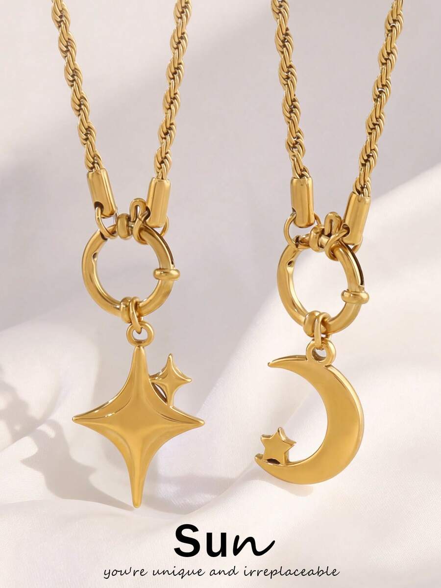 1件装不锈钢月亮星星吊坠项链 时尚18K镀金饰品项链 女士防水首饰 - 項鍊 - 查看 1