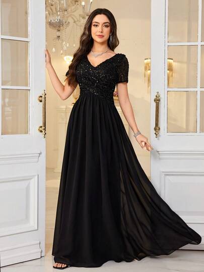Shiny Party V-Neck Short Sleeve Elegant Sequin Patchwork Chiffon Ruched Waist Flowy Maxi Evening Party Dress Wedding Spring