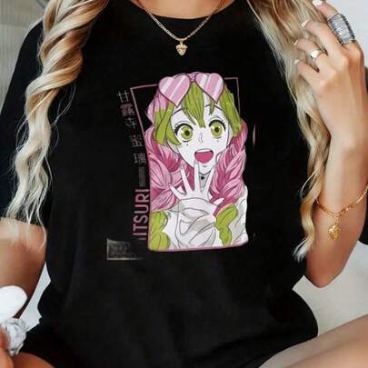 Camiseta gráfica de manga corta con diseño de personaje de anime Itsuri, con cabello rosa y verde, para mujeres
