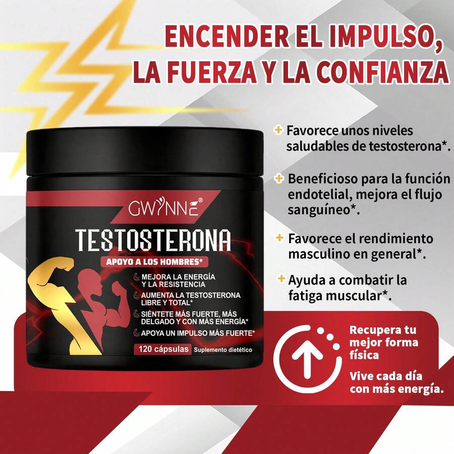 Gwynne Suplemento de Testosterona para Hombres | Con Tongkat Ali 500mg, Maca, Arginina y Creatina | Apoya el Crecimiento Muscular, Recuperación, Resistencia y Aumento de Testosterona | 120 Cápsulas