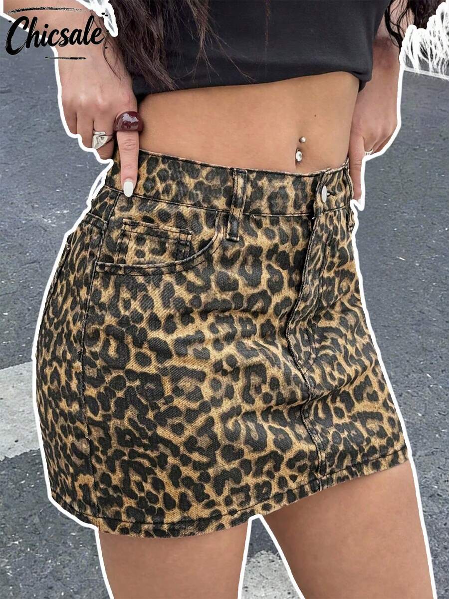 女士时尚豹纹修身牛仔迷你裙，夏季 - 豹紋 - 查看 1