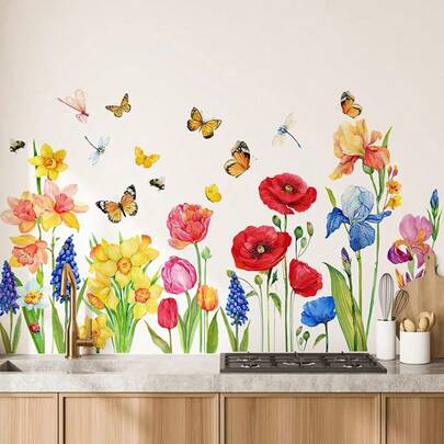 Spring Creative Colorful Flowers And Butterflies Wall Sticker | Self-Adhesive PVC Decoration For Living Room And Bedroom, Single Use