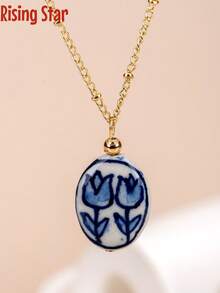 1 Piece Of Exquisite And Fashionable Hand-Painted Tulip Pattern Ceramic Pendant Metal Necklace, Suitable For Daily Wear By Ladies. - Tulip Necklace - View 7