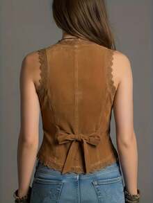 Women's Brown V-Neck Contrast Lace Backless Camisole Casual Spring - Earthy Yellow - View 2