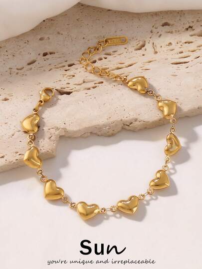 1 pieza Pulsera de acero inoxidable con corazón hueco para mujer, joyería de regalo con cadena simple chapada en oro de 18K a prueba de agua