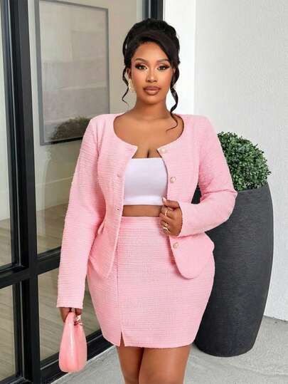 BIUBIU Plus Size Elegant Pink Embroidered Suit, Jacket With Regular Cuff Faux Pocket Design, Mini Skirt