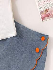 2pcs Young Girl 3D Floral Knit Colorblock Polo Top And Denim Ruffle Skort Set, Summer - Orange - View 6