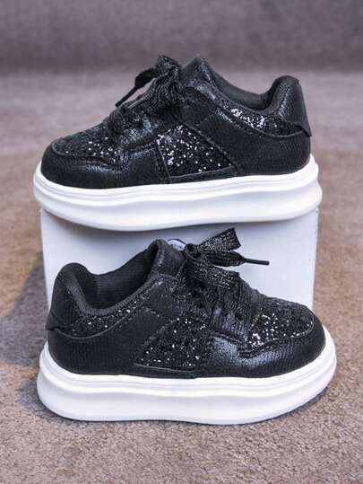 1 Pair Unisex Fashion New Low-Top Sneakers, Soft Sole Non-Slip Children's Skate Shoes, Korean Sequin Student Casual Shoes, Suitable For All Seasons