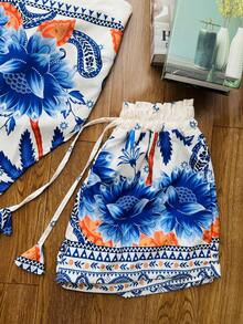 JING MODAS Crepe Fabric Set Consisting Of A Cropped Top And Shorts With Lining. - Blue With Orange - View 3