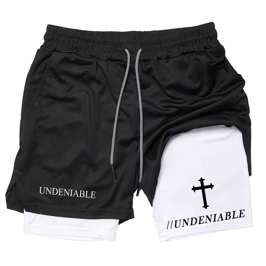 The Cross & God Graphic Shorts,Unisex 2 In 1 Compression Shorts,Men's Clothes,Double Layer Shorts With Pockets,Quick Dry Running Fitness Basketball Shorts,Comfortable Breathable Men's Shorts,Lightweight Short,Beach Shorts For Men - 黑色+白色 - 查看 1