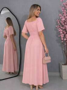 Long Dress With Ruched Neckline, Flare Sleeves And Side Slit - Baby Pink - View 2