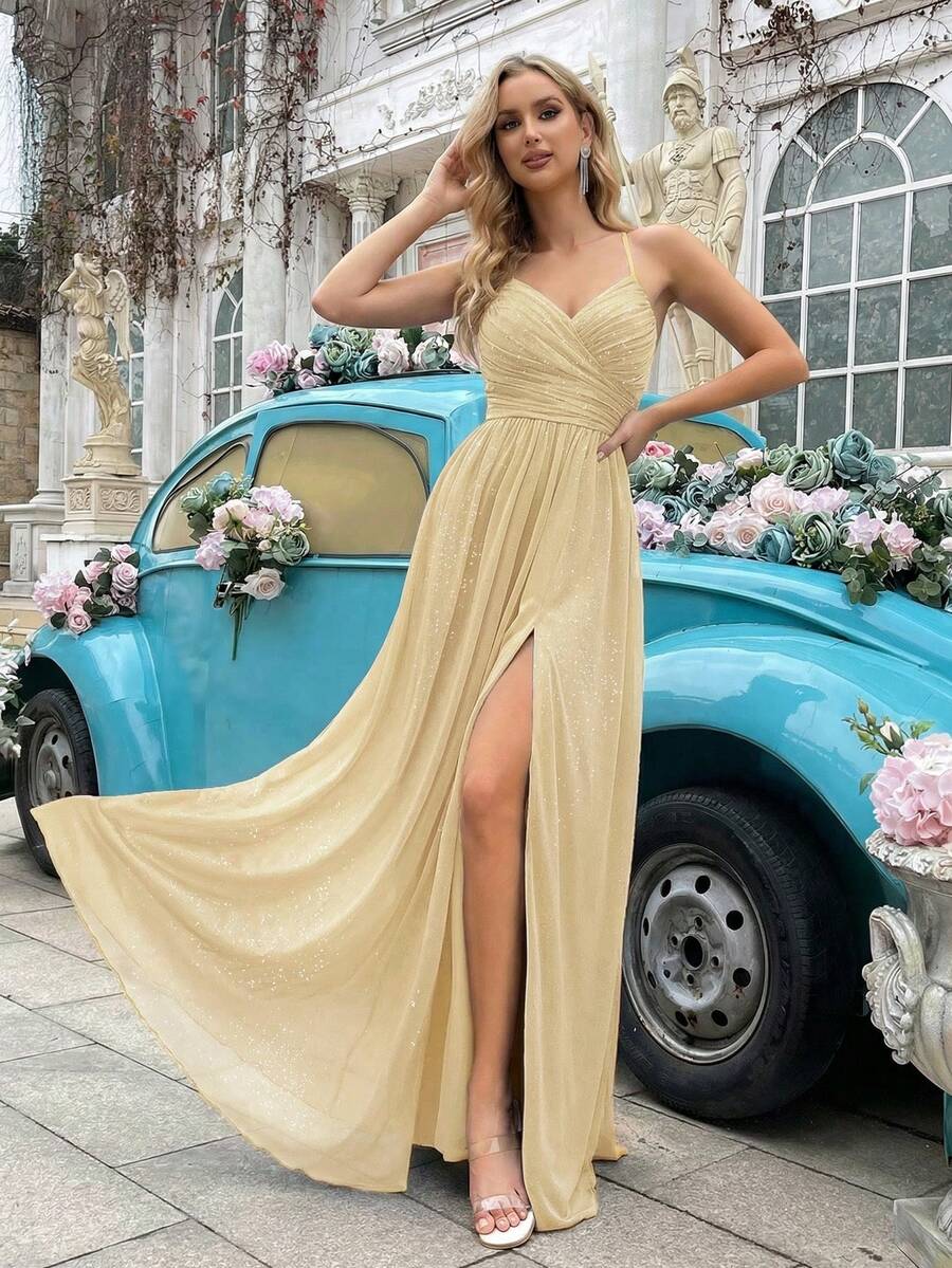 Women's Shiny Camisole Design Bridesmaid Wedding Guest Formal Dress, Cocktail Party Evening Gown, Lightweight & Flowing For Spring/Summer Graduation Prom