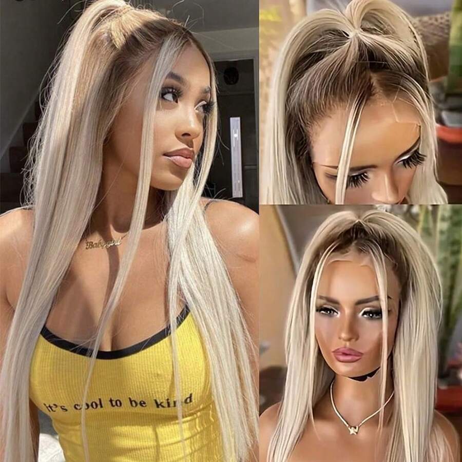 13X4 Purple Hair Synthetic Lace Front Wigs 26 Inch Pre Plucked Long Straight Hair Wigs 13X4 HD Lace Wigs Glueless Dark Purple Colored Wigs Heat Resistant Halloween Wigs Deep Purple Long Silky Straight Lace Front Wigs For Fashion Women For Daily Christmas Party Cosplay Use - 漸變金色 - 查看 1