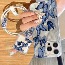 5件套！蓝色蝴蝶雪纺透明IMD手机壳，清新梦幻风格，饰有蓝色蝴蝶图案 - 銀色 - 查看 3