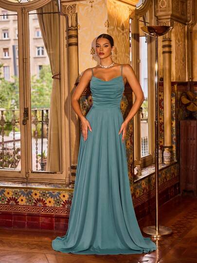 Faeriesty Elegant Spaghetti Strap Silk Long Dress, Sheer Lace-Up Back, Flowing Maxi Dress, Graceful Mermaid Silhouette, Suitable For Wedding Guest, Romantic Portrait Shooting, Bridal Photography, Formal Anniversary Gala, Cocktail Party And Other Occasions