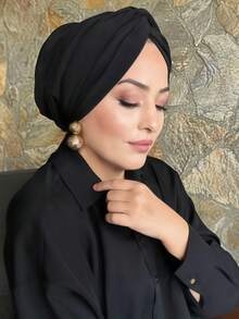 1pc Women's Classic Solid Color Chemo Turban, High Elasticity Pleated Design, Non-Slip Breathable Fabric, Multilayer Pleated Headwrap For Hijab, Soft Comfortable Modal Knit Material, Suitable For Daily Wear - Black - View 2
