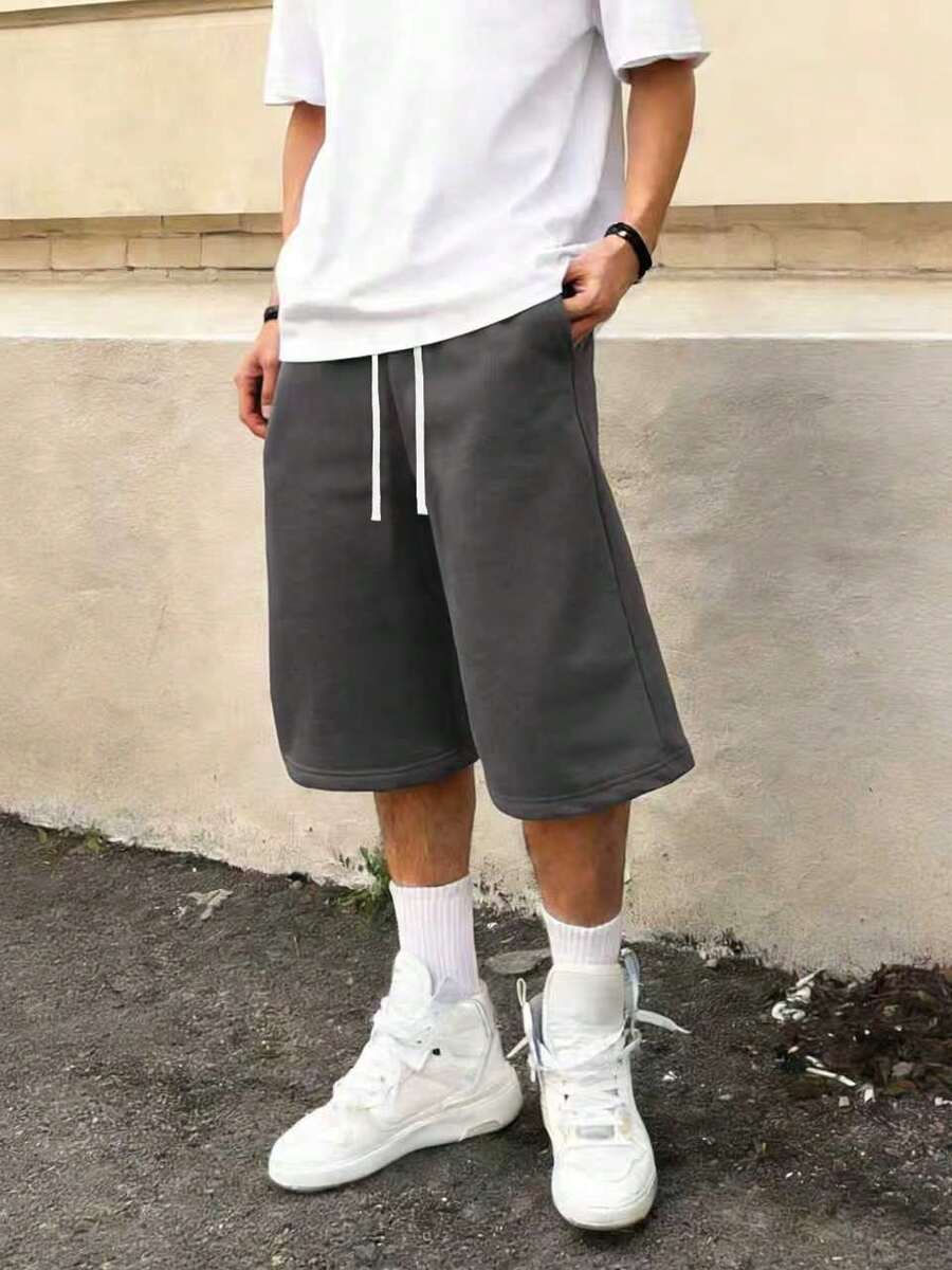 Mens Oversize Sweat Shorts - Cotton Blend French Terry Fabric Relaxed Oversize Fit | Spring Breathable Cozy Comfort  For Daily Streetwear & Casual Hangouts (Modern Minimalist Street Style) - 深灰色 - 查看 1