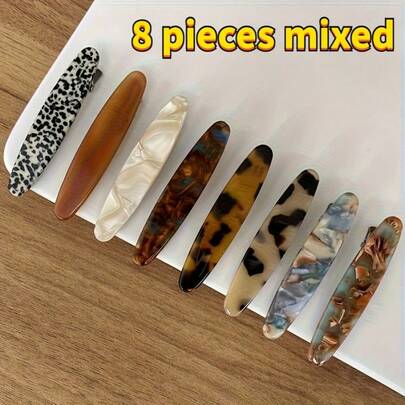8pcs Retro Acetate Hair Clips For Women & Girls, Vintage Fashion Edge Clips, Side Clips, Crocodile Hair Clips, Bohemian Style Claw Clips, Hair Accessories, School Supplies