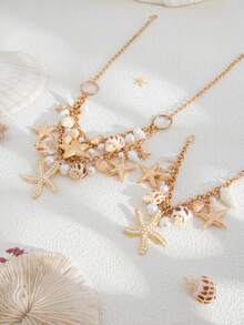 1pc Ocean Vacation Style Starfish, Shell, Seashell Pendant Double-Layer Necklace, Luxurious Elegant Vacation, Casual, Party, Date, Women's Festival Birthday Versatile Jewelry Gift - Gold - View 7