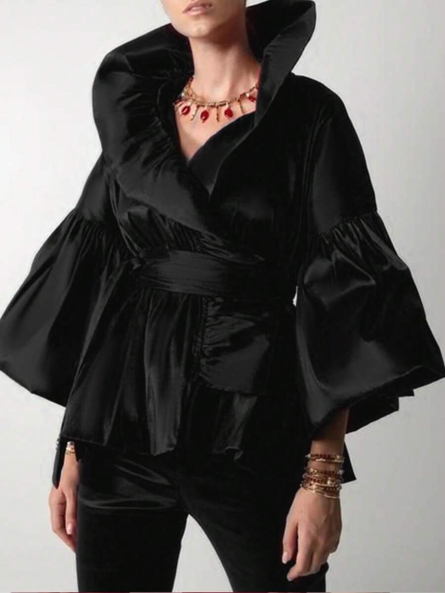 Women's Blouse, Elegant Fashion Lantern Sleeve Ruffle Collar Solid Woven Fabric Ruffle Tie Waist Blouse, Suitable For Birthday Party, New Year Spring Black - Black - View 1