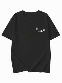 Japanese Style Women's Loose Casual Round Neck Letter & Puppy Print Short Sleeve T-Shirt, Versatile For Spring/Summer Black - Black - View 4