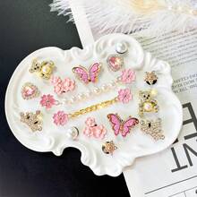 Bộ phụ kiện giày 16 món, màu vàng và hồng, đồ trang trí tự lắp ráp có thể tháo rời bao gồm hoa hồng, đá lấp lánh, gấu bông, nơ, bông tuyết, phù hợp cho giày, dép, quà tặng ngày lễ hoàn hảo. - vàng hồng - Xem 3