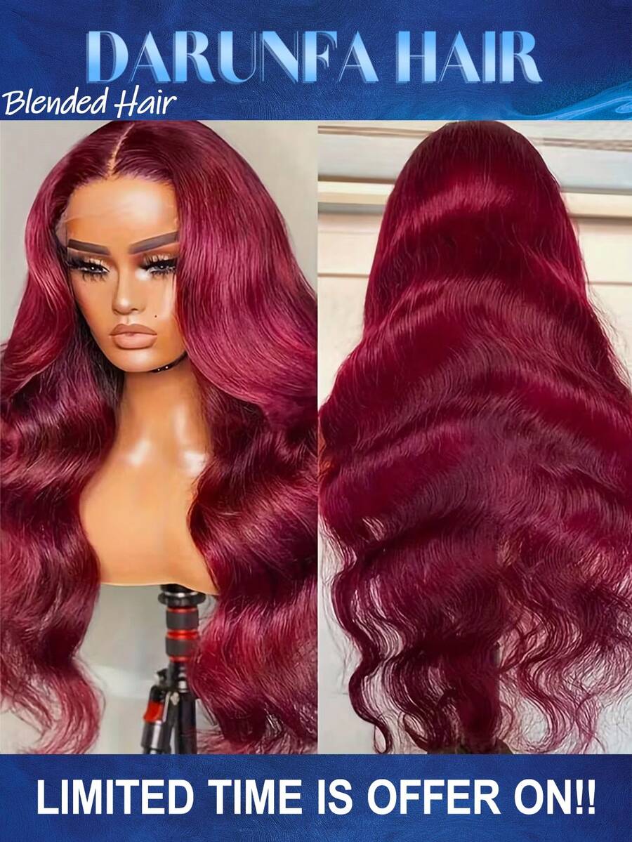 酒红色 99J 蕾丝前假发 - 13x4 200% 密度水波纹蕾丝前额假发，预先拔毛，带婴儿发，高清蕾丝，女士款（26 英寸，13x4 水波纹蕾丝前额假发） - SBUG - 查看 1