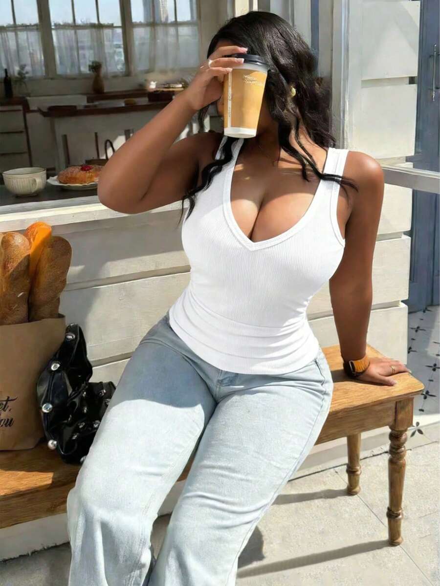 Plus Size Women's Summer Solid Basic V-Neck Knit Ribbed Casual Sexy Cropped Camisole - White - View 1