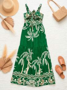 Women's Long Dress In Printed Viscose Linen With Tie Straps And Elastic Waistband - 綠色 - 查看 3