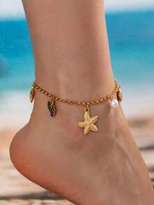 1pc Niche Design Elegant Starfish & Shell Anklet, Suitable For Women's Daily And Beach Vacation Wear - Gold - View 10