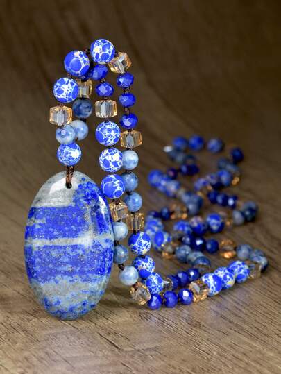 Bohemian Handmade Knotted Natural Stone Long Necklace, Vintage Oval Sodalite & Rhodonite Pendant Necklace, Retro Couple Necklace