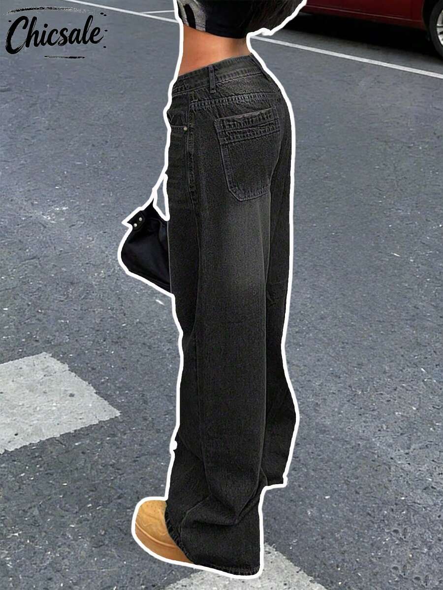 女士宽松直筒男友风牛仔裤，复古休闲黑色春季款