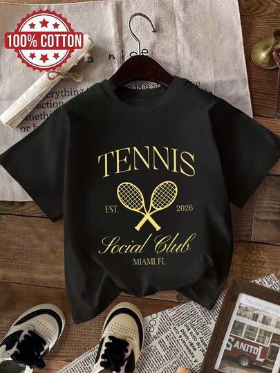 Maglietta casual da donna a maniche corte con scollo rotondo e motivo a racchetta da tennis incrociata, a tema club di tennis, da vacanza, casual, quotidiana, in cotone, unisex, nera