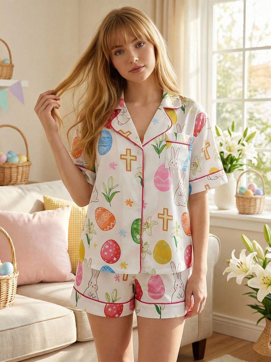 Women's Easter Pajamas 2 Piece Outfits Rabbit Egg Print Button Up Short Sleeve Lapel Tops And Shorts Lounge Wear Set - Color - View 1