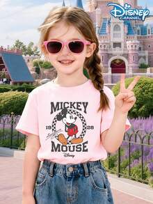 Camiseta Disney para niña con estampado retro de Mickey "MICKEY MOUSE 1928", estilo casual, clásica, ideal para viajes escolares de verano, cuello redondo y manga corta. - Rosa Pálido - Ver 1