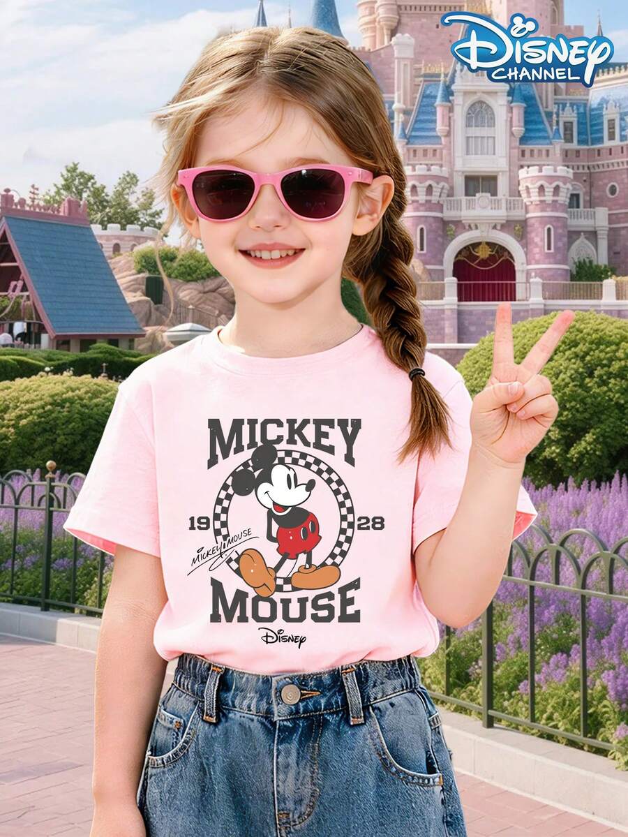 Camiseta Disney para niña con estampado retro de Mickey "MICKEY MOUSE 1928", estilo casual, clásica, ideal para viajes escolares de verano, cuello redondo y manga corta. - Rosa Pálido - Ver 1