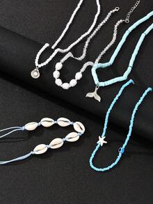 5件套波西米亚海滩度假风人造珍珠人造贝壳串珠鱼尾海星多层项链，适合女士约会、派对、日常通勤、周年纪念、节日礼物 - 彩色 - 查看 5