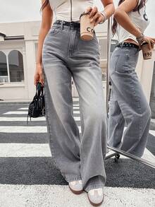 Jeans de cintura alta y pierna recta para mujer, ropa casual y versátil para la calle - Gris - Ver 2