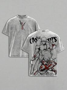 Maki Zenin X Toji Fushiguro Tee Washed -Jujutsu Vintage Washed Heavy Cotton Oversized Anime Manga T-Shirt, Double Printed Dark Aesthetic Graphic, Heavenly Restriction Power Edition,Retro Unisex Streetwear JJK Merch - 灰色 - 查看 1