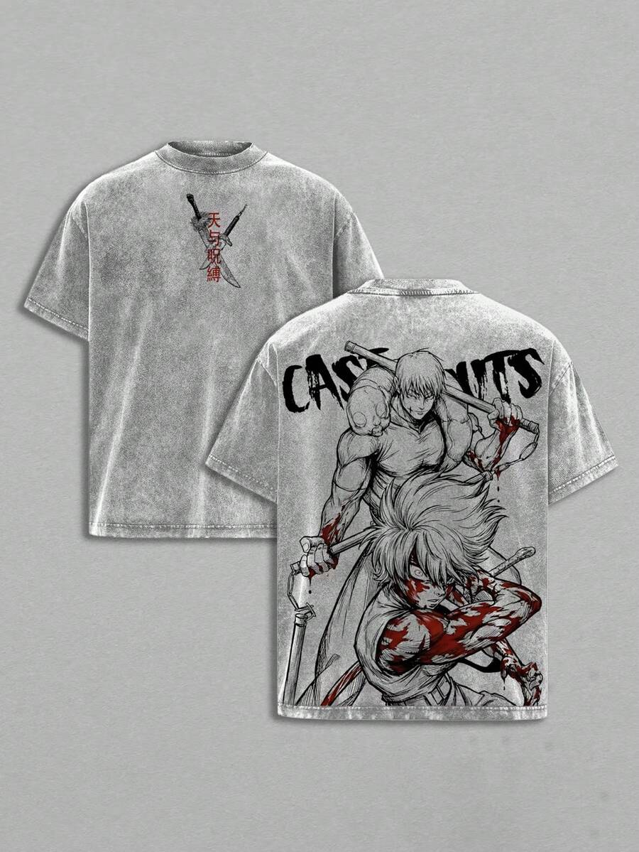 Maki Zenin X Toji Fushiguro Tee Washed -Jujutsu Vintage Washed Heavy Cotton Oversized Anime Manga T-Shirt, Double Printed Dark Aesthetic Graphic, Heavenly Restriction Power Edition,Retro Unisex Streetwear JJK Merch - 灰色 - 查看 1