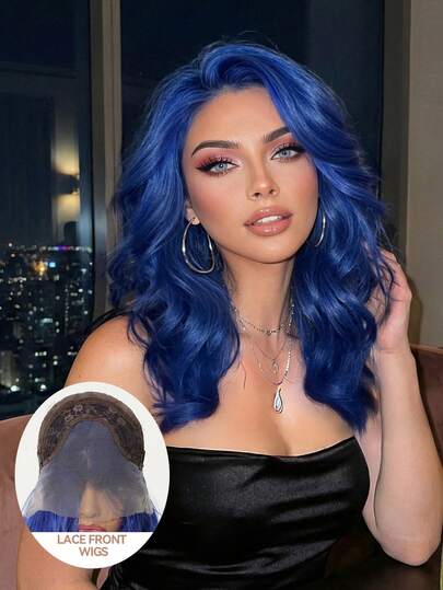 16-Inch Long Dark Blue Hair With Soft Waves Layered Wig Synthetic Natural Looking Wigs Lace Front Wigs 13*4 Hand Woven Lace Chemical Fiber Hair Daily Daily Imported Silk Party Wedding Music Festival Halloween Gift