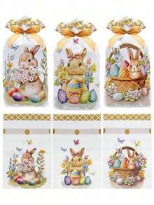 50个复活节兔子抽绳礼品袋，卡通兔耳朵造型，带提手塑料糖果袋，可用于盛装复活节糖果，也适用于节日派对、生日或复活节派对用品。 - 多色 - 查看 9