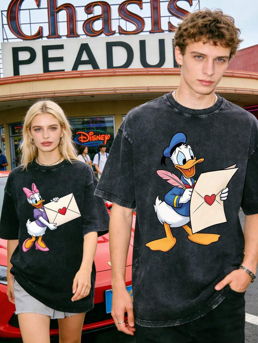 Disney Donald Duck And Daisy Duck Love Letter Couple Vintage Washed T-Shirts 180g Washed Cotton Mickey And Minnie Flower Bouquet Loose Short-Sleeved Couple's Outfit - 黑色 2 - 查看 1