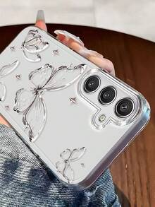 Silver Transparent Phone Case With Butterfly Pattern. Suitable For Samsung Galaxy S26/25/24/23/22/21/ULTRA/PLUS/FE, And A71/56/55/54/53/52/36/35/34/26/25/23/16/15/14/13/10/07/06/05/04/03. Suitable For Women And Girls. - 彩色 - 查看 3